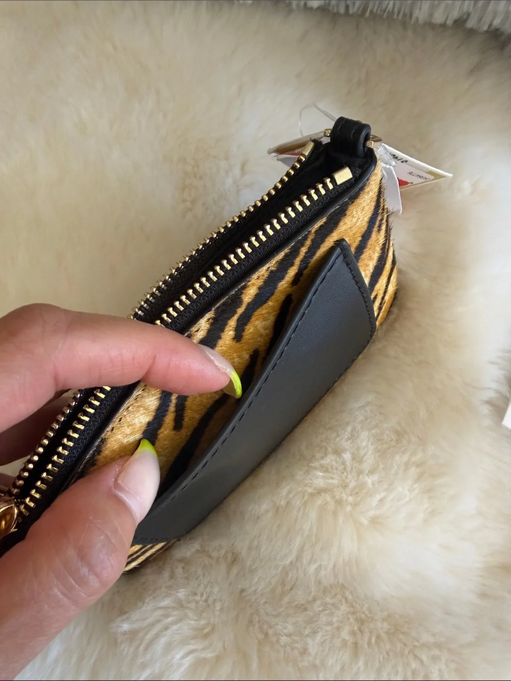 Michael Kors Tiger Stripe Haircalf Wristlet Wallet Tan/Black with Gold Hardware